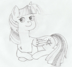 Size: 1600x1500 | Tagged: safe, artist:renardprower, twilight sparkle, alicorn, pony, g4, bedroom eyes, chest fluff, crossed hooves, dock, ear fluff, female, looking at you, monochrome, pencil drawing, prone, rough sketch, simple background, smiling, solo, traditional art, twilight sparkle (alicorn), white background