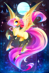 Size: 1847x2760 | Tagged: safe, artist:koveliana, fluttershy, bat pony, pony, g4, chromatic aberration, clothes, cloud, color porn, female, flutterbat, flying, full moon, gem, jewelry, looking at you, night sky, pendant, raised hoof, smiling, solo, stockings, torn clothes, unshorn fetlocks