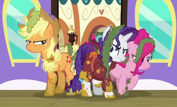 Size: 640x386 | Tagged: safe, screencap, applejack, pinkie pie, rarity, pony, g4, my little pony: friendship is magic, ppov, low quality, preview, seaweed