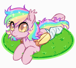 Size: 1000x900 | Tagged: safe, oc, oc only, oc:paper stars, bat pony, pony, amputee, animated, bandage, bat wings, colored, cute, ear fluff, fluffy, gif, grass, hoofy-kicks, looking at you, paperbetes, prone, smiling, solo, sparkles, underhoof