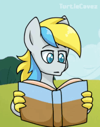 Size: 468x594 | Tagged: safe, artist:turtlecavez, oc, oc only, oc:cirrus sky, hippogriff, original species, animated, book, bored, cute, gif, grumpy, reading, solo, talons