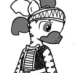 Size: 640x600 | Tagged: safe, artist:ficficponyfic, oc, oc only, oc:nishan, zebra, colt quest, adult, belt, belt buckle, bone, clothes, female, guide, headband, inventory, list, mare, monochrome, smiling, solo focus, story included, talking