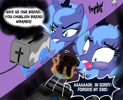 Size: 2874x2335 | Tagged: safe, artist:darkest-lunar-flower, princess luna, alicorn, pony, g4, bread, eyeshadow, female, fire, food, high res, luna is not amused, makeup, mare, on fire, on the moon for too long, open mouth, roleplay in the comments, s1 luna, scared, struggle with technology, sweat, toast, toaster