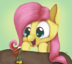 Size: 712x626 | Tagged: safe, artist:xiao668, fluttershy, pony, g4, amazed, bust, cotter pin, crossover, doozer, duo, female, fraggle rock, hooves on cheeks, looking at each other, looking at someone, open mouth, smiling