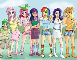 Size: 3296x2550 | Tagged: safe, artist:auburn-ink, applejack, fluttershy, gummy, pinkie pie, rainbow dash, rarity, spike, twilight sparkle, human, g4, belly button, breasts, cleavage, clothes, converse, facial hair, female, high res, humanized, mane six, midriff, moustache, shoes, sneakers, tank top