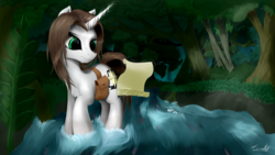 Size: 7680x4320 | Tagged: safe, artist:aurelleah, oc, oc only, oc:light landstrider, absurd resolution, colt, everfree forest, forest, looking away, magic, male, map, river, serious face, solo, stream, tree, water