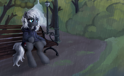 Size: 2338x1437 | Tagged: safe, artist:sapsan, oc, oc only, oc:midnight rain, bench, clothes, commission, hoodie, park, rain, smoking, solo