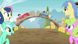 Size: 1920x1080 | Tagged: safe, screencap, bon bon, daisy, diamond tiara, flower wishes, goldengrape, lyra heartstrings, rainbow dash, scootaloo, sir colton vines iii, sweetie drops, earth pony, pony, unicorn, g4, the cart before the ponies, bridge, butler, cart, male, ponies standing next to each other, ponyville, racing, stallion