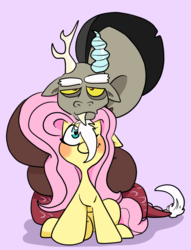 Size: 720x941 | Tagged: safe, artist:flamingaro, discord, fluttershy, draconequus, pony, g4, blushing, floppy ears, heart eyes, male, ship:discoshy, shipping, straight, wingding eyes