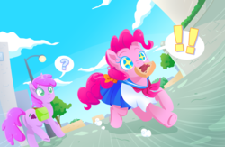 Size: 1532x1000 | Tagged: safe, artist:kelsea-chan, pinkie pie, g4, clothes, mouth hold, pleated skirt, running, sailor uniform, school uniform, schoolgirl toast, skirt