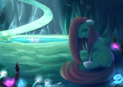Size: 1200x845 | Tagged: safe, artist:kelsea-chan, pinkie pie, g4, cave, cave pool, female, floppy ears, frown, mirror pool, mushroom, pinkamena diane pie, sitting, solo