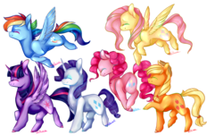 Size: 1024x623 | Tagged: safe, artist:fireflah532, applejack, fluttershy, pinkie pie, rainbow dash, rarity, twilight sparkle, alicorn, pony, g4, eyes closed, mane six, simple background, transparent background, twilight sparkle (alicorn)