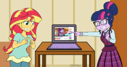 Size: 1200x640 | Tagged: safe, artist:empyu, sci-twi, sunset shimmer, twilight sparkle, equestria girls, g4, computer, crying, duo, embarrassed, gritted teeth, i can explain, laptop computer, mistaken identity, misunderstanding, sad, teeth, twilight sparkle (alicorn)