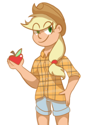 Size: 1964x2550 | Tagged: safe, artist:barkerjewel, applejack, human, g4, apple, clothes, female, food, humanized, shirt, shorts, simple background, solo, transparent background