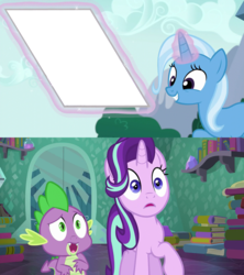 Size: 640x720 | Tagged: safe, edit, edited screencap, screencap, spike, starlight glimmer, trixie, pony, unicorn, g4, no second prances, the crystalling, female, mare, meme, smiling, template, trixie's poster