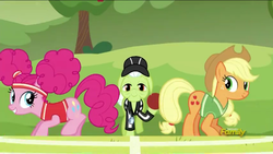 Size: 960x540 | Tagged: safe, screencap, applejack, granny smith, pinkie pie, earth pony, pony, buckball season, g4, buckball, clothes, cute, discovery family logo, faceoff, female, mare, pinktails pie, practice, referee, training, whistle