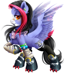 Size: 1660x1850 | Tagged: safe, artist:meotashie, oc, oc only, oc:cryoflesh, pegasus, pony, bandage, commission, ear piercing, looking at you, piercing, raised hoof, solo, sparkling, sparkly eyes, watch