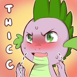 Size: 600x600 | Tagged: safe, artist:cold-blooded-twilight, spike, dragon, g4, blushing, male, reaction image, solo, sweat, the ass was fat, thick