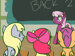 Size: 1280x960 | Tagged: safe, artist:flutterluv, apple bloom, cheerilee, derpy hooves, scootaloo, pegasus, pony, g4, confused, female, mare, newbie artist training grounds, ponyville schoolhouse, raised eyebrow, school