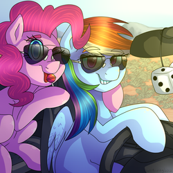 Size: 2000x2000 | Tagged: dead source, safe, artist:xxdoodle-bunnyxx, pinkie pie, rainbow dash, earth pony, pegasus, pony, g4, candy, food, fuzzy dice, high res, lollipop, sunglasses