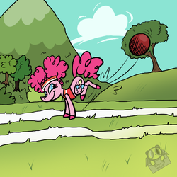 Size: 500x500 | Tagged: safe, artist:lilsunshinesam, pinkie pie, earth pony, pony, buckball season, g4, buckball, bucking, clothes, female, mare, palindrome get, pigtails, pinktails pie, solo, tree