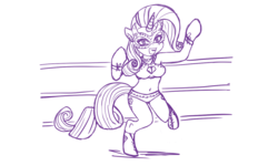 Size: 1280x770 | Tagged: safe, artist:katkathasahathat, rarity, anthro, unguligrade anthro, g4, arm hooves, belly button, boob window, breasts, cleavage, diamond, domino mask, female, mask, masked, midriff, monochrome, solo, wrestler, wrestling, wrestling ring