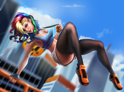 Size: 5887x4389 | Tagged: safe, artist:sunset tide, rainbow dash, human, g4, absurd resolution, armpits, backpack, breasts, busty rainbow dash, cleavage, clothes, female, gloves, humanized, midriff, mirror's edge, outdoors, pants, parkour, pixiv, shoes, shorts, sneakers, socks, solo, sports bra, tank top, thigh highs