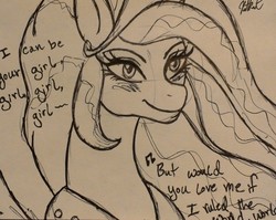 Size: 1979x1573 | Tagged: safe, artist:katkathasahathat, princess celestia, g4, female, heavy metal lover, lady gaga, monochrome, solo, song, song reference, traditional art