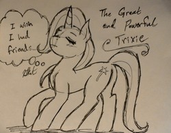 Size: 2064x1603 | Tagged: safe, artist:katkathasahathat, trixie, pony, unicorn, g4, eyes closed, female, lonely, magic, mare, monochrome, solo, the great and friendless, thought bubble, traditional art