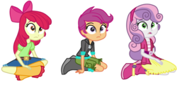 Size: 620x308 | Tagged: safe, artist:luchita27, apple bloom, scootaloo, sweetie belle, equestria girls, g4, boots, cutie mark crusaders, female, request, shoes, simple background, surprised, transparent background, trio, trio female, vector
