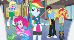 Size: 1262x682 | Tagged: safe, artist:ilovesunsetshimmer99, derpy hooves, gummy, pinkie pie, rainbow dash, sunset shimmer, oc, equestria girls, g4, balloon, boots, clothes, high heel boots, iphone, shoes, skirt
