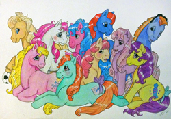 Size: 1000x697 | Tagged: dead source, safe, artist:whippetluvpony, ace, bon bon (g1), bright eyes, clover (g1), lancer, melody, patch (g1), starlight (g1), sweetheart, teddy, earth pony, pony, g1, my little pony tales, 7 pony friends, female, football, looking at each other, looking at you, looking down, looking up, male, simple background, sunglasses, tail bow, traditional art, watercolor painting, white background