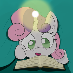 Size: 1000x1000 | Tagged: safe, artist:yakoshi, sweetie belle, g4, book, female, glowing horn, horn, newbie artist training grounds, reading, solo