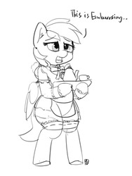 Size: 1280x1700 | Tagged: safe, artist:pabbley, rainbow dash, pony, g4, bipedal, clothes, cute, dashabetes, female, maid, monochrome, sketch, solo, tea set, tray