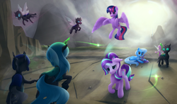 Size: 3805x2255 | Tagged: safe, artist:yunnecora, queen chrysalis, spike, starlight glimmer, thorax, trixie, twilight sparkle, alicorn, changeling, changeling queen, pony, g4, to where and back again, canterlot, female, high res, magic, twilight sparkle (alicorn), twilight's counterparts