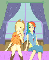 Size: 1287x1568 | Tagged: safe, artist:kyriena, applejack, rainbow dash, human, g4, bed, female, humanized, lesbian, ship:appledash, shipping