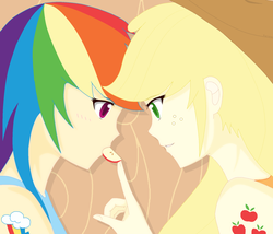 Size: 1688x1446 | Tagged: safe, artist:kyriena, applejack, rainbow dash, human, g4, apple, female, food, humanized, lesbian, ship:appledash, shipping