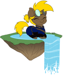 Size: 1913x2290 | Tagged: safe, artist:lunarahartistry, oc, oc only, oc:golden gear, pony, unicorn, boots, clothes, cute, dirt cube, eyes closed, female, floating, floating island, goggles, happy, jumpsuit, mare, simple background, solo, transparent background, waterfall