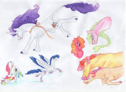 Size: 5000x3636 | Tagged: safe, artist:dawn22eagle, oc, oc only, oc:bardsey, oc:cackling confetti, oc:elstar, oc:heavenly aster, oc:icebreaker, oc:pink lady, oc:velvety mirage, classical unicorn, earth pony, pegasus, pony, unicorn, braid, cloven hooves, colored wings, colored wingtips, comforting, crying, grin, horn, ice skates, ice skating, leonine tail, magical lesbian spawn, male, next generation, nudity, offspring, parent:babs seed, parent:big macintosh, parent:cheerilee, parent:double diamond, parent:night glider, parent:party favor, parent:princess luna, parent:sugar belle, parent:twist, parents:babstwist, parents:cheerimac, parents:nightdiamond, parents:partybelle, realistic horse legs, sheath, sisters, smiling, tail, tail feathers, traditional art, unshorn fetlocks, wavy mouth