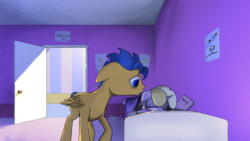 Size: 2870x1614 | Tagged: safe, artist:aaronmk, dinky hooves, flash sentry, g4, sad, tucking in