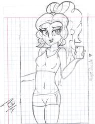 Size: 1268x1640 | Tagged: safe, artist:tonystorm12, adagio dazzle, equestria girls, g4, belly button, cellphone, clothes, female, lined paper, midriff, mirror, monochrome, phone, ponytail, selfie, solo, sports bra, sports shorts, traditional art