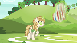 Size: 1280x720 | Tagged: safe, screencap, sweet biscuit, pony, buckball season, g4, basket, buckbasket, bushel basket, hypnosis, magic, swirly eyes, telekinesis