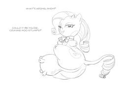 Size: 1153x800 | Tagged: safe, artist:carnifex, rarity, cow, g4, amputee, butt, female, grayscale, implied anon, lineart, mcnuggies, meme, monochrome, plot, ponified meme, quadruple amputee, raricow, rearity, solo, species swap, speech, udder