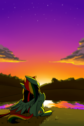 Size: 1800x2700 | Tagged: safe, artist:underpable, rainbow dash, twilight sparkle, pegasus, pony, g4, duo, duo female, female, high res, hug, lake, lesbian, mare, reflection, ship:twidash, shipping, stars, sunset, twilight (astronomy), water, winghug, wings