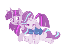 Size: 1100x842 | Tagged: safe, artist:dstears, starlight glimmer, twilight sparkle, alicorn, pony, unicorn, buckball season, g4, clothes, comforting, duo, duo female, female, mare, no-showlight glimmer, sad, sadlight glimmer, shirt, simple background, twilight sparkle (alicorn), white background