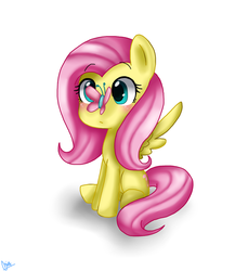 Size: 1024x1182 | Tagged: safe, artist:randomnics, fluttershy, butterfly, pony, g4, blushing, butterfly on nose, cute, female, insect on nose, shyabetes, simple background, sitting, solo, spread wings, white background