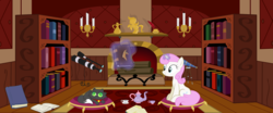 Size: 4000x1657 | Tagged: artist needed, source needed, useless source url, safe, twinkleshine, cat, pony, unicorn, g4, base used, book, bookshelf, cup, female, fireplace, levitation, magic, mare, sitting, teacup, teapot, telescope, vector