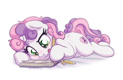 Size: 1700x1100 | Tagged: safe, artist:bobdude0, artist:verulence, sweetie belle, pony, unicorn, g4, blushing, collaboration, cute, cutie mark, diasweetes, drawing, female, filly, foal, notebook, pencil, simple background, solo, the cmc's cutie marks, tongue out, white background