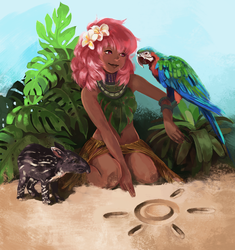 Size: 941x1000 | Tagged: safe, artist:yanabau, princess celestia, human, parrot, tapir, g4, alternate hairstyle, alternate universe, au:eqcl, belly button, cewestia, child, clothes, cute, dark skin, drawing, filly, flower, flower in hair, grass skirt, humanized, kneeling, midriff, pink-mane celestia, sand, sitting, skirt, smiling, sun, younger