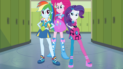 Size: 1000x563 | Tagged: safe, pinkie pie, rainbow dash, rarity, equestria girls, g4, my little pony equestria girls: friendship games, my little pony equestria girls: rainbow rocks, boots, canterlot high, clothes, hallway, high heel boots, shoes